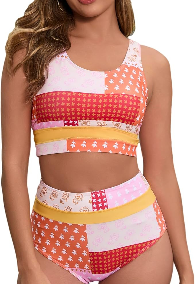 Amazon.com: Dipinon Women's High Waisted Bikini Sets Two Piece Swimsuit Color Block Sporty Athlet... | Amazon (US)