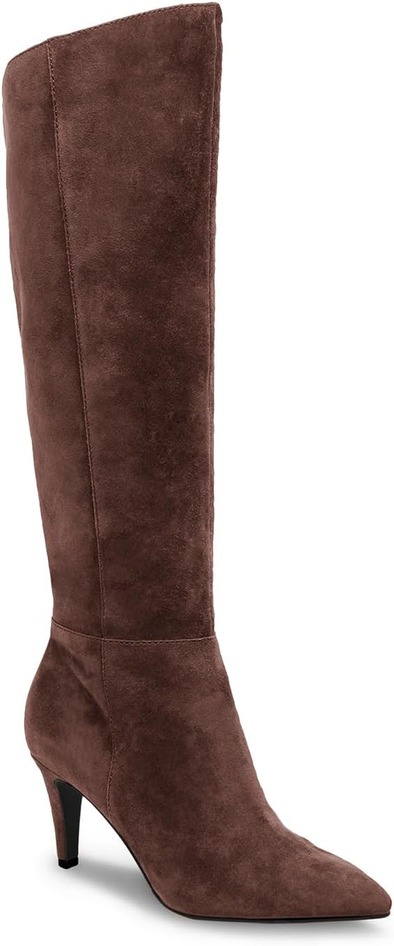 Coutgo Womens Wide Calf Knee High Boots Stiletto High Heel Pointed Toe Side Zipper Suede Long Boots Winter Shoes | Amazon (US)