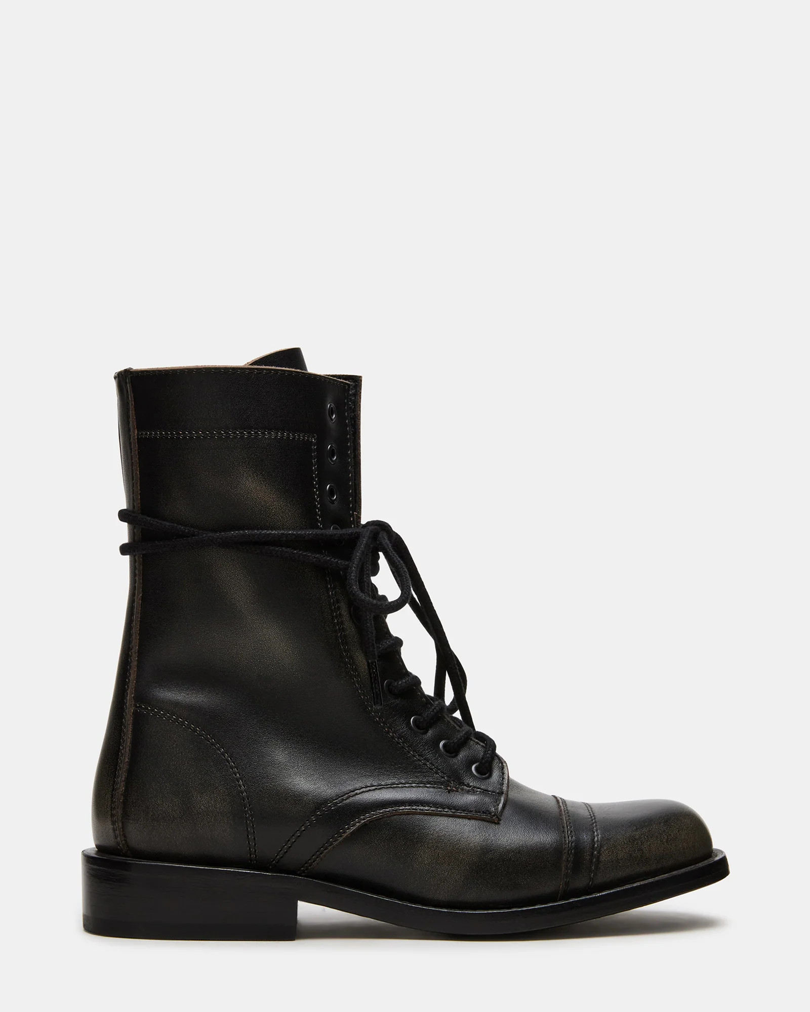 THERON Black Distressed Moto Combat Women's Ankle Boot | Steve Madden (US)