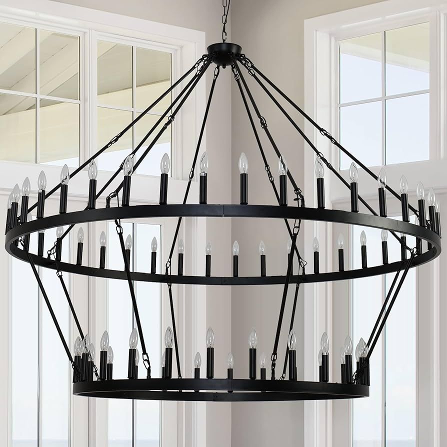 2 Tier 70 Inch Large Wagon Wheel Chandelier Farmhouse,64-Light Black Industrial Ceiling Pendant L... | Amazon (US)