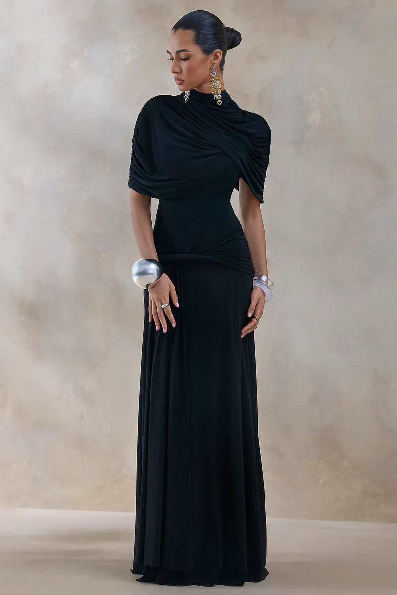 Evelisse  Black High-Neck Maxi Dress With Short-Cape Sleeves | Club L London