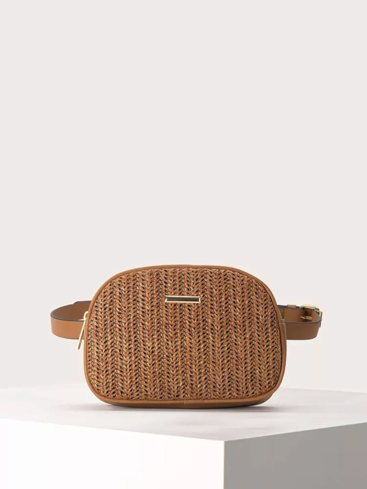 Nevana Black Woven Straw Fanny Pack