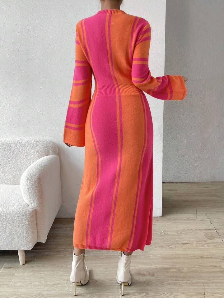 SHEIN Privé Colorblock Mock Neck Split Hem Sweater Dress | SHEIN