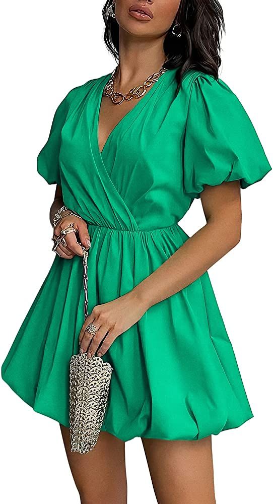 PRETTYGARDEN Women's Short Summer Dresses Casual Puffy Sleeve Wrap V Neck Ruffle Solid Color Flare D | Amazon (US)