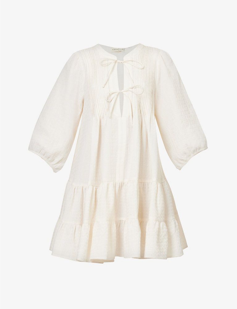 Katja tiered-hem cut-out organic-linen mini dress | Selfridges