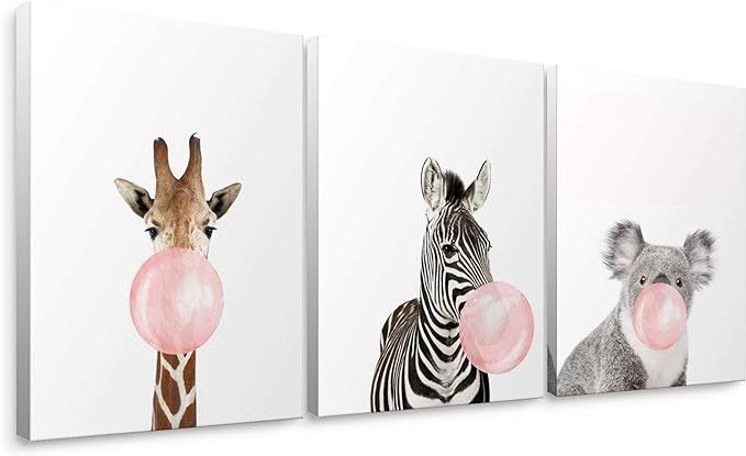 Niwo ART - Giraffe Zebra Koala, Pink Bubble Gum Animals, Canvas Wall Art Home Decor, Gallery Wrap... | Amazon (US)