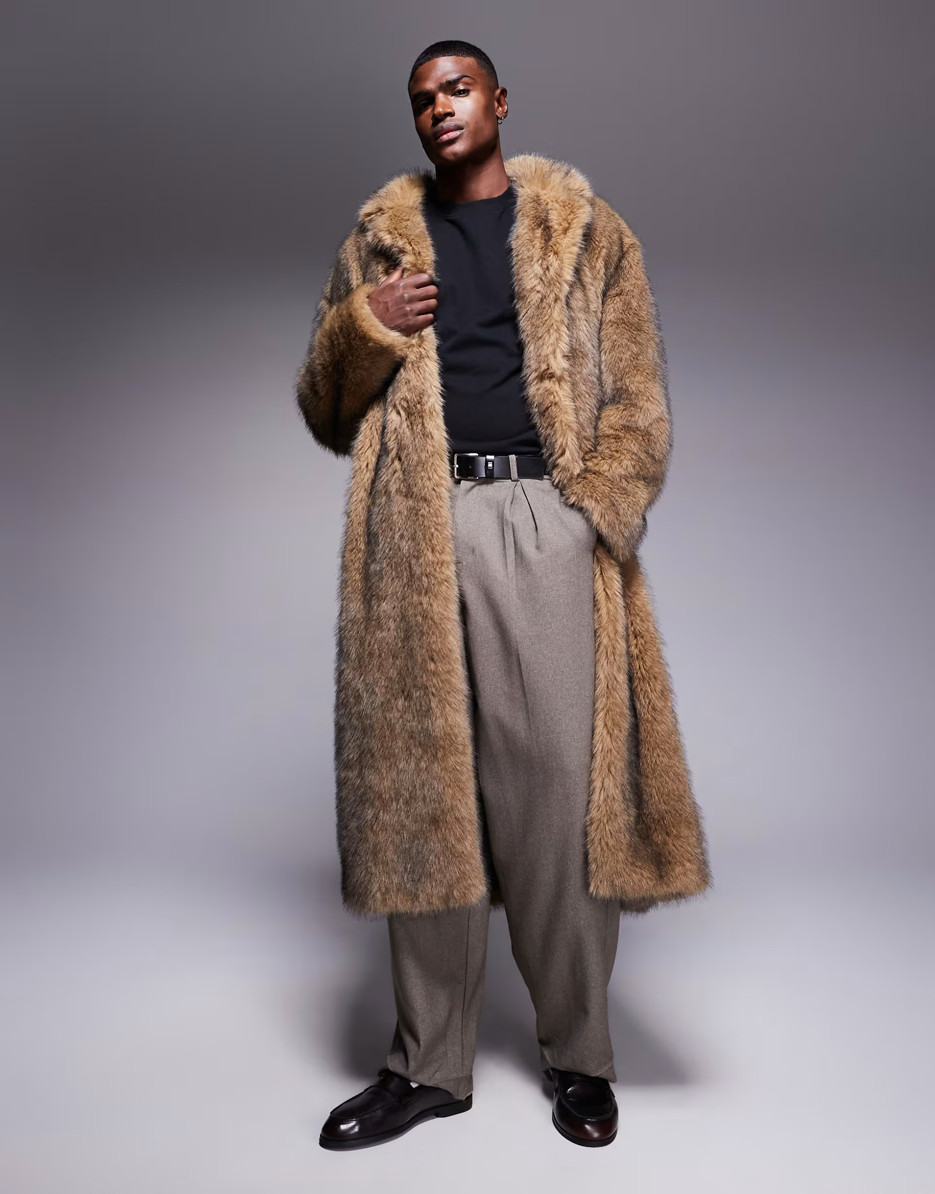 ASOS DESIGN faux fur oversized long overcoat in brown | ASOS (Global)