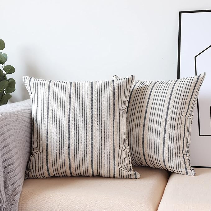 Navy Pillow Covers Farmhouse Linen Throw Pillow Covers Striped Outdoor Decorative Square Throw Pi... | Amazon (US)