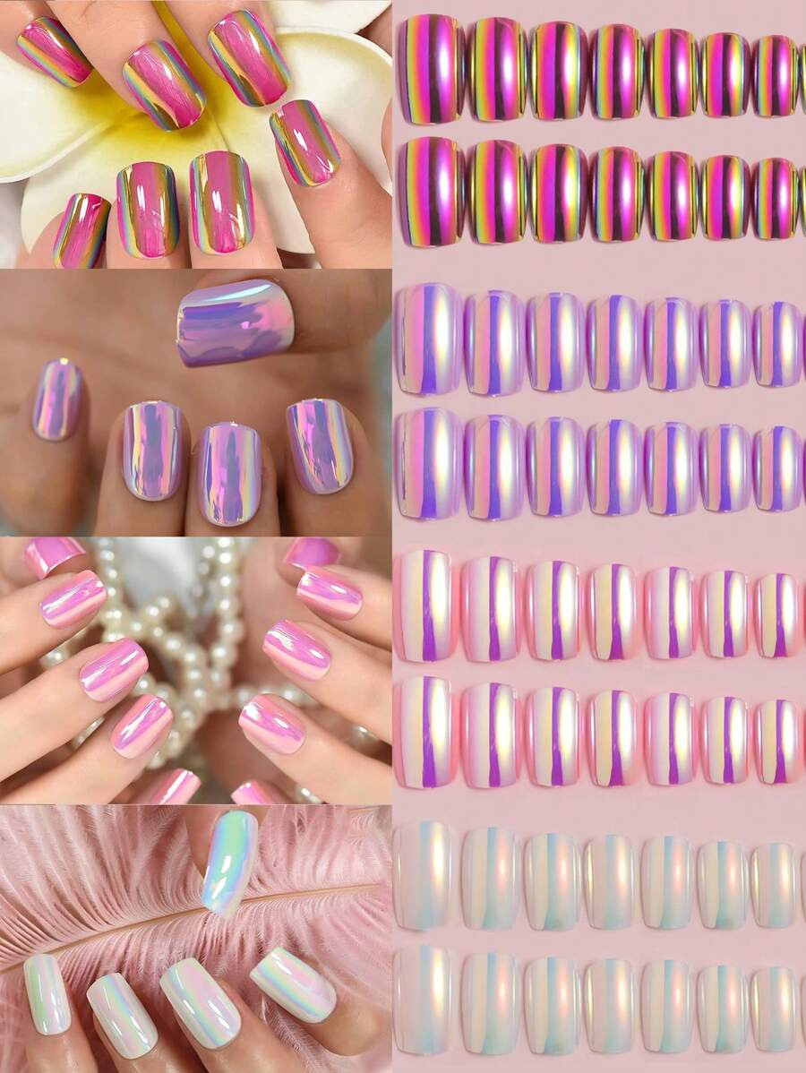 VV MEI JIA ER 4Packs(Mermaid White/Purple/Pink/Peach Pink-96pcs) 4Colors Y2K Chrome Designed Nail... | SHEIN