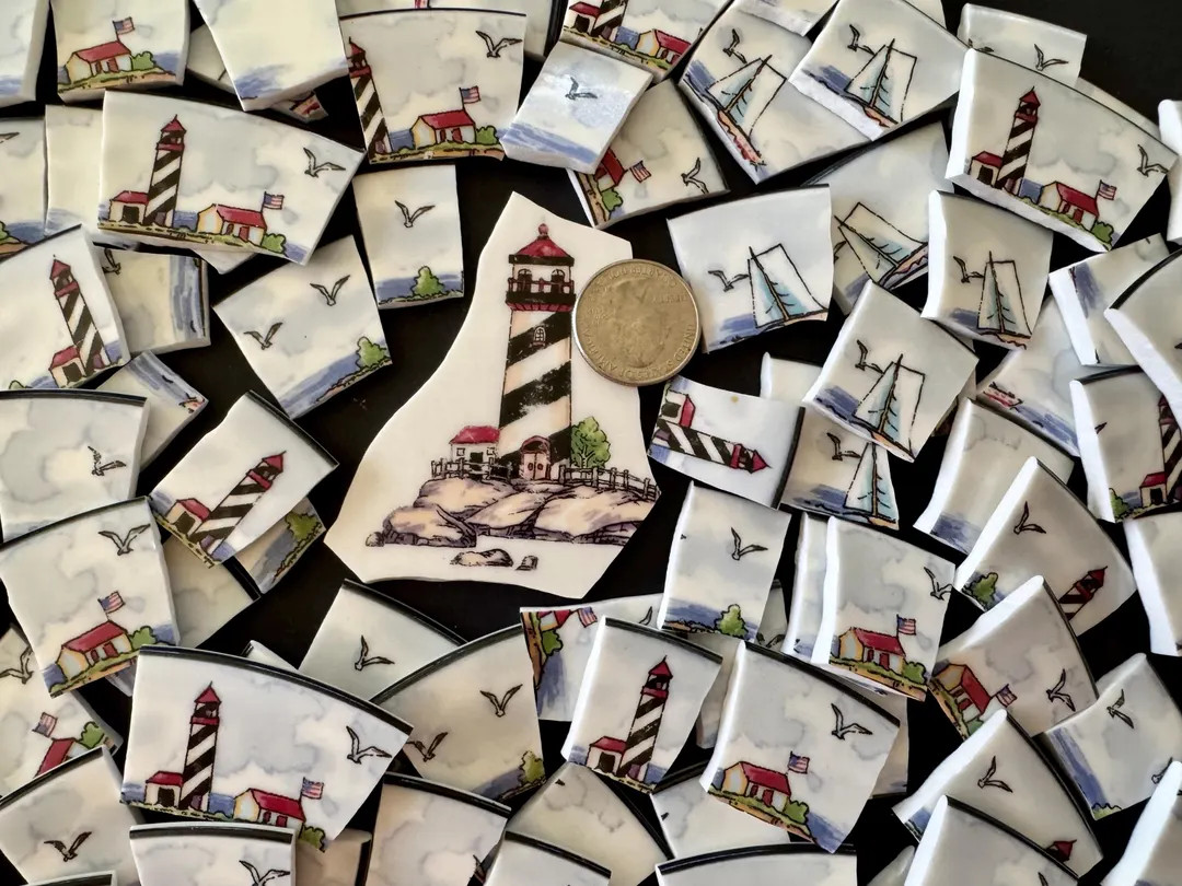 100 Lighthouse Beach Ocean Nautical Print China Mosaic Tiles - Broken Plate | Etsy (Global)