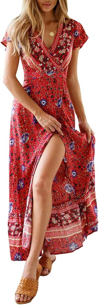 PRETTYGARDEN Women Boho Summer Side Split Deep V Neck Short Sleeves Maxi Dress with Belt | Amazon (US)