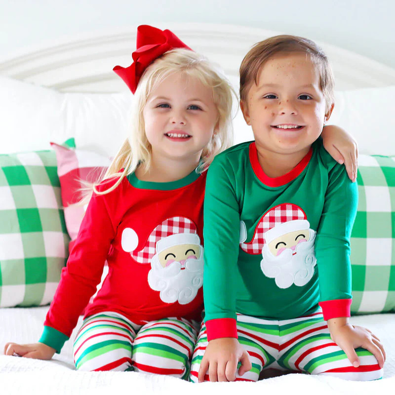 Happy Santa Green Cheerful Stripe Pajamas | Classic Whimsy