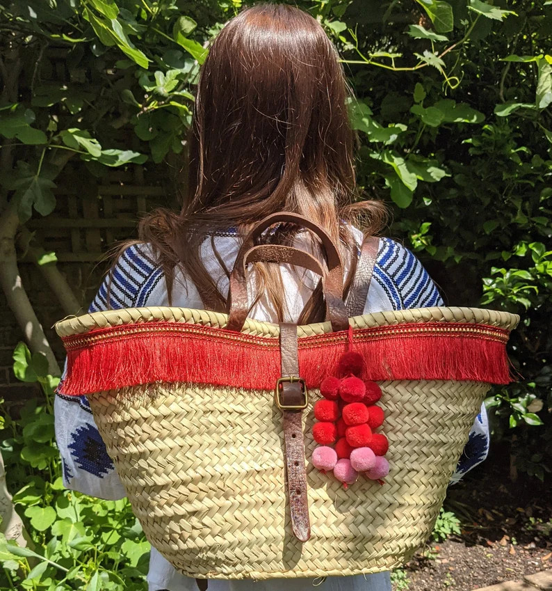Boho Ibiza Basket Backpack With Red Tassels and Pompoms, Moroccan French Market Tote, Beach Backp... | Etsy (US)