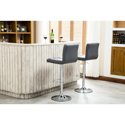 2Pcs Gray Swivel Bar Stools With Hydraulic Lift - Faux Leather Seat, Base, 360 Degree Rotation, Adjustable Height, Foam Stool Pair Upholstery, Seat | Wayfair North America