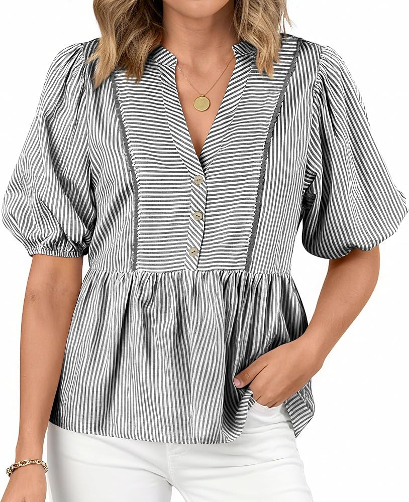 dowerme Women Lantern Sleeve Button Up Stripes Babydoll Tops | Amazon (US)
