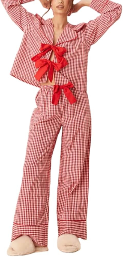 Argeousgor Women Christmas Satin Pajamas Striped 2 Piece Pjs Set Long Sleeve Button Down Shirt Bo... | Amazon (US)