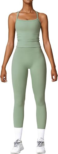 Womens Workout Sets Two Piece Cross Back Tank Top Matching High Waist Leggings Sets Gym Outfits W... | Amazon (US)