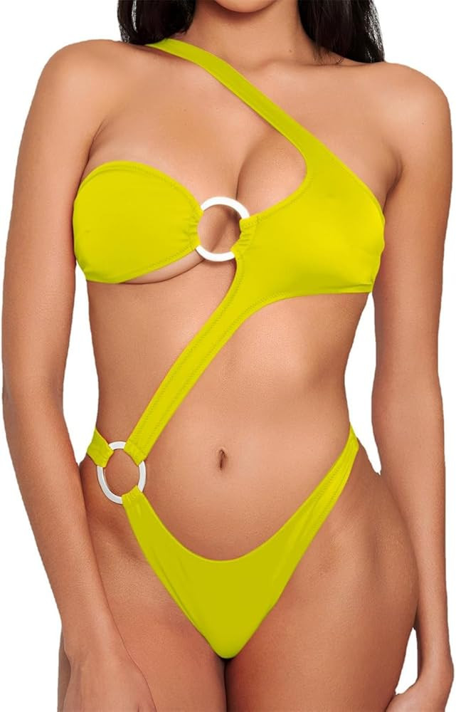 Women's Neon Yellow One-Piece Swimsuit with Cut-Out Details, Hollow Out Swimwear PQ4083 | Amazon (US)