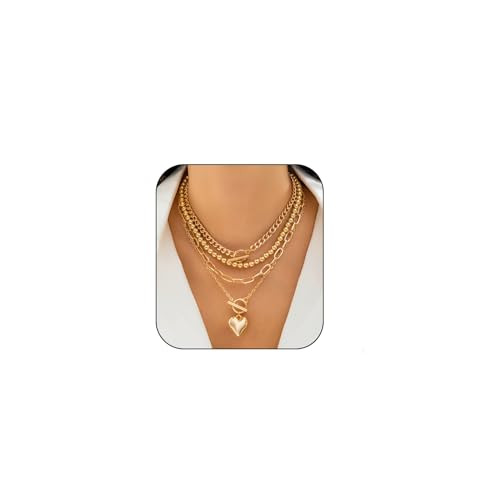 CSIYANJRY99 Layered Gold Necklaces for Women Chunky Gold Necklace Stack Layered Cuban Paperclip Snake Chain Necklace Retro Coin Dainty Pendant Toggle Clasp Necklace (Gold Beaded Heart) | Amazon (US)