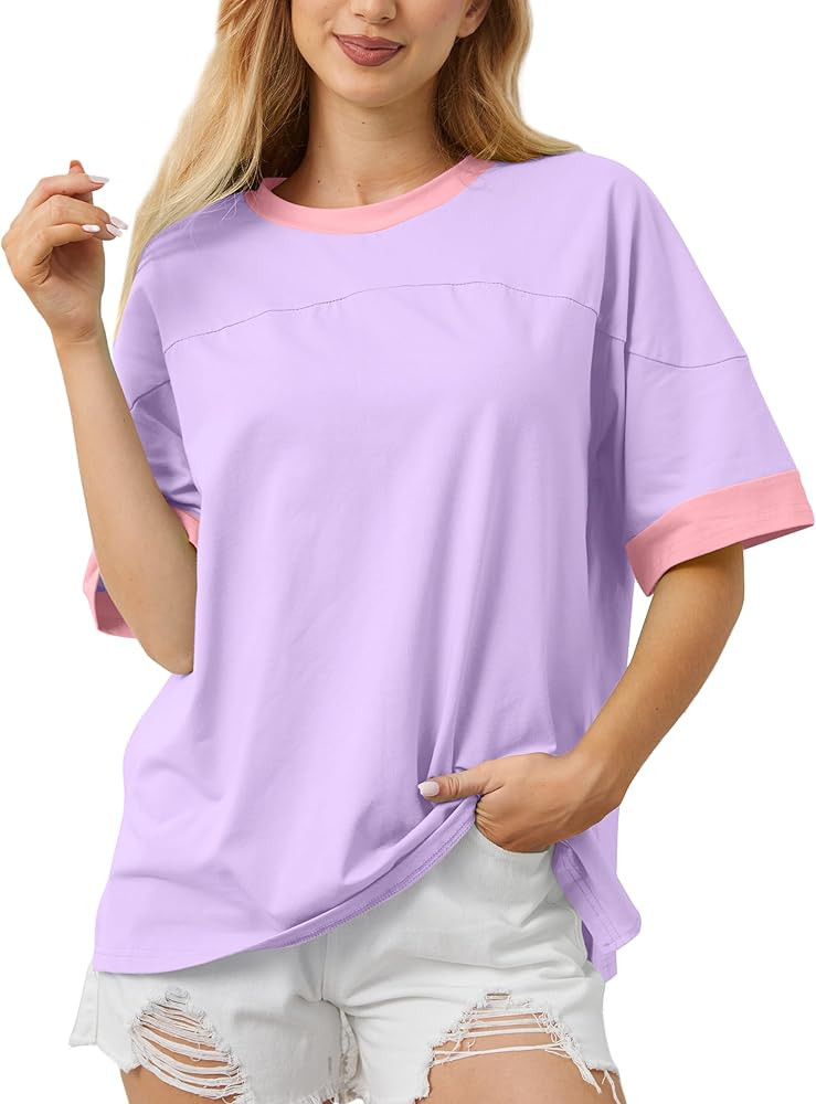 Women Oversized Color Block Short Sleeve T Shirt Crewneck Patchwork Split Hem Shirt Casual Loose ... | Amazon (US)