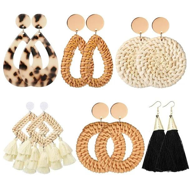 6Pairs Fashion Trendy Jewelry Acrylic Tassel Rattan Statement Earrings Bohemian Boho Earrings Hoo... | Walmart (US)