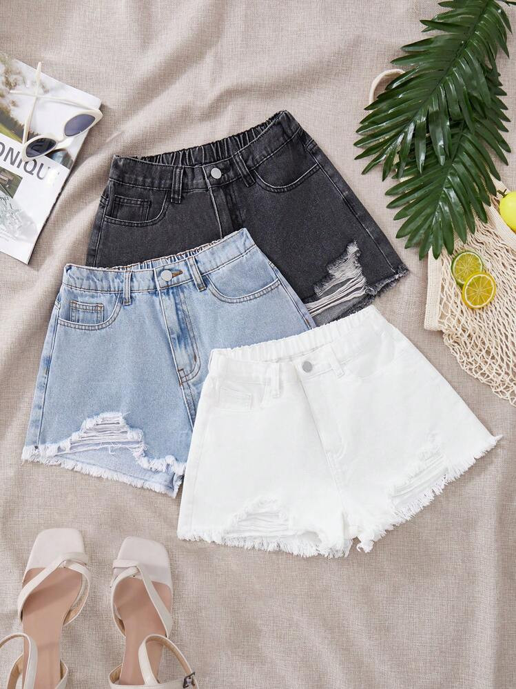 SHEIN Teen Girl Summer Beach Boho Casual 3pcs Black, Blue, White Baggy Denim Ripped Shorts With Slant Pocket, Boho Beach Concert Rave Festival, Graduation, Summer Vacation Casual Shorts, School, Campus, College | SHEIN
