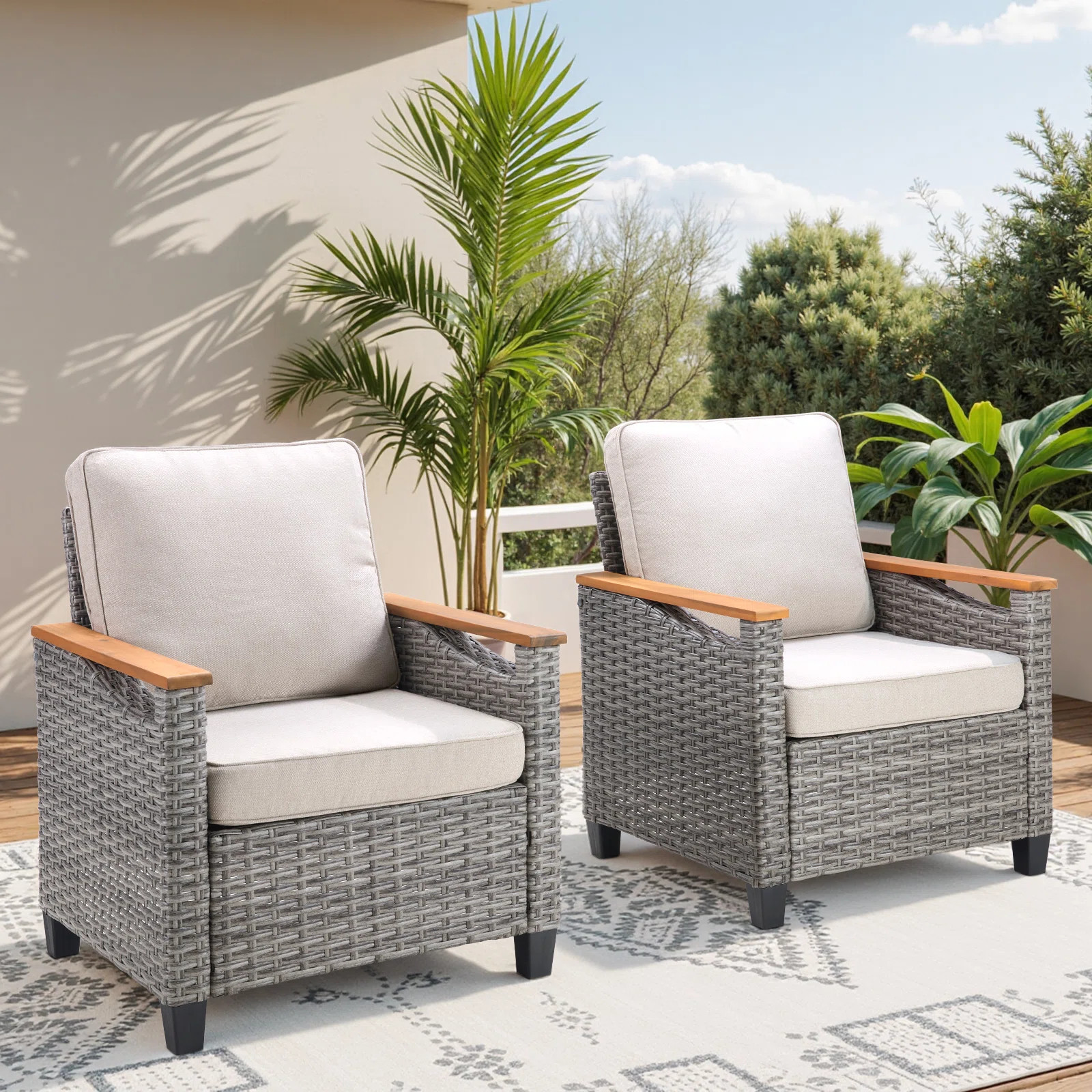 Wicker Outdoor Patio Chairs Set, 2-Person Seating Group With Cushions, All-Weather Rattan Armchai... | Wayfair North America