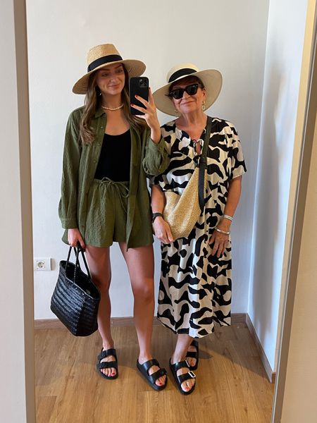 Mine & My Mum’s holiday daytime outfit 
Small in the New Look green beach co-ord
Black Hunza G swimsuit
Birkenstock Eva Arizona sandals
& other stories straw hat and necklace
Dragon diffusion bag 

My Mum wearing an M&S printed kaftan dress
Straw hat 
Arket straw cross-body (no longer available so similar linked) 
Birkenstock Eva arizonas 

Mum/daughter style, over 60 fashion, holiday outfits, poolside outfits 

#LTKsummer #LTKeurope #LTKuk