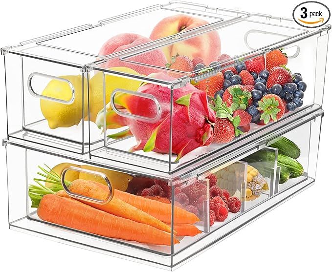 shopwithgreen 3 Pack Stackable Refrigerator Organizer Bins with Pull-out Drawer, Drawable Clear F... | Amazon (US)