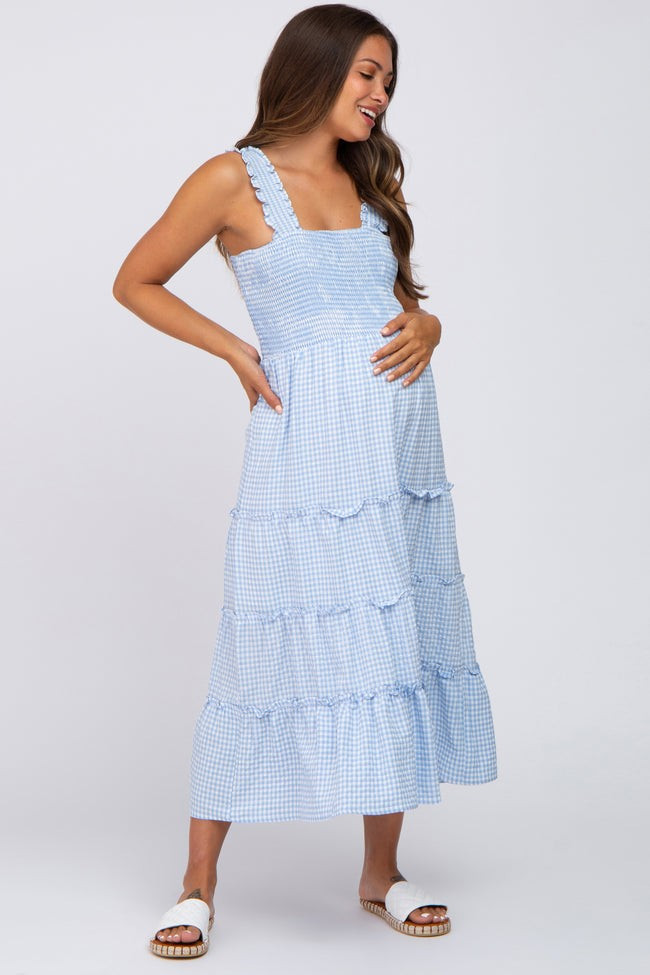 Blue Gingham Smocked Tiered Maternity Midi Dress | PinkBlush Maternity