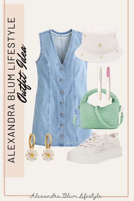 Cute casual spring outfit idea with this denim dress, white lace sneakers, bucket hat, spring purse, and spring flower huggie earrings! Amazon accessories! Amazon fashion! Amazon finds! 

#LTKstyletip #LTKitbag #LTKSeasonal