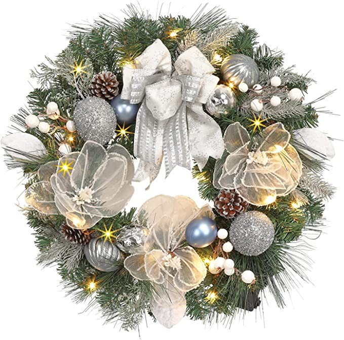 Vofuly prelit Christmas Wreath for Front Door ,22 inch Frozen Silver White Wreath with Tiebow,Flo... | Amazon (US)