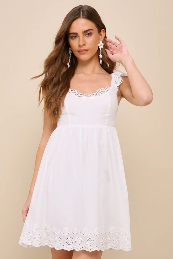 Kindest Cutie White Eyelet Embroidered Ruffle Strap Mini Dress | Lulus