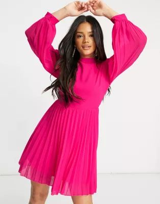 ASOS DESIGN high neck pleated long sleeve skater mini dress in hot pink | ASOS (Global)