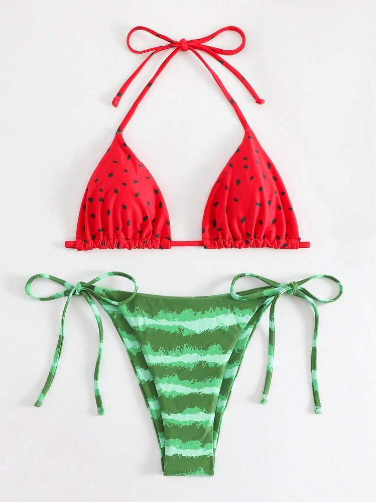 Swim Mod Summer Beach Watermelon Print Halter Bikini Set, Vacation Bikini | SHEIN