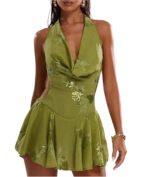 MakeMeChic Women's Floral Sequin Halter Dress Embroidery Draped A Line Y2K Mini Dresses | Amazon (US)