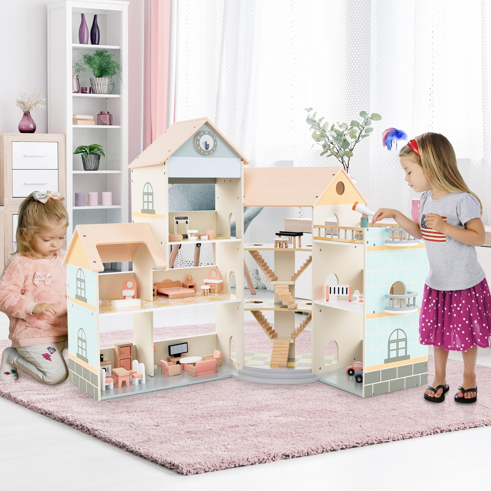 Costzon Wooden Dollhouse for Kids, 3-Story Luxury Doll House with 41 Pieces Furniture Accessories... | Amazon (US)
