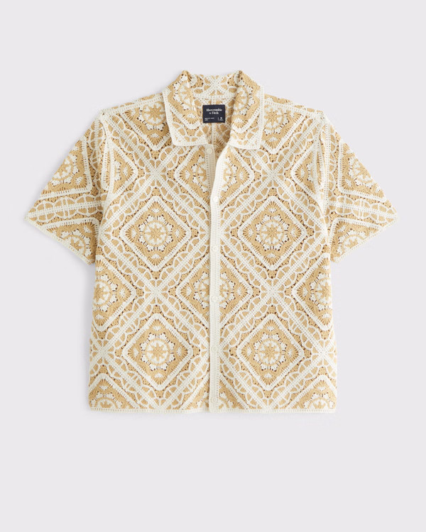 Men's Crochet-Style Floral Button-Through Sweater Polo | Men's Tops | Abercrombie.com | Abercrombie & Fitch (US)