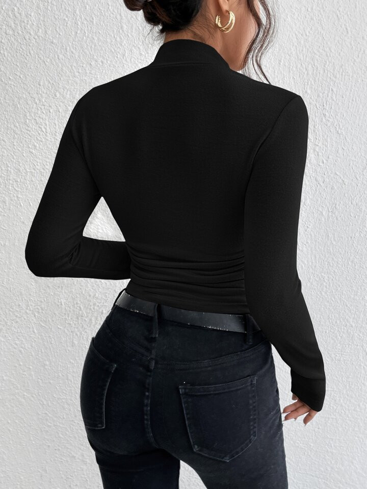 SHEIN Essnce Mock Neck Ribbed Knit Tee | SHEIN