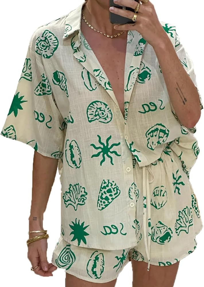 Luckinbaby Women Graphic 2 Piece Beach Outfits Short Sleeve Button Down Shirt Lounge Shorts Set Y... | Amazon (US)