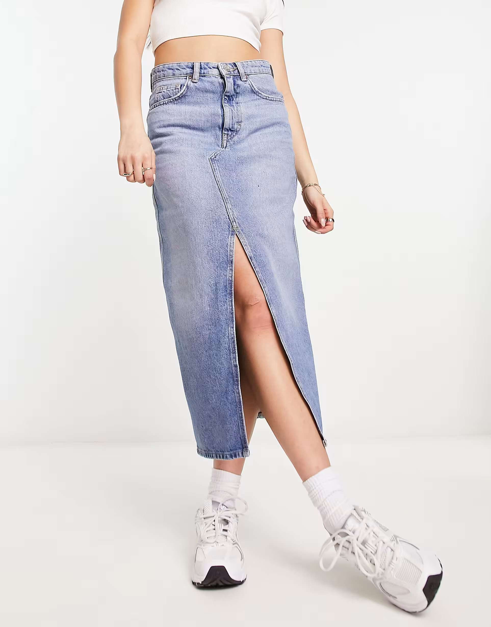 Mango denim split front midi skirt in blue | ASOS (Global)
