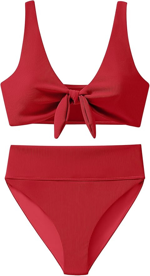 ANRABESS Bikini Sets for Women Summer High Waisted 2 Piece Bathing Suit Ribbed Tie Knot Swimsuit ... | Amazon (US)