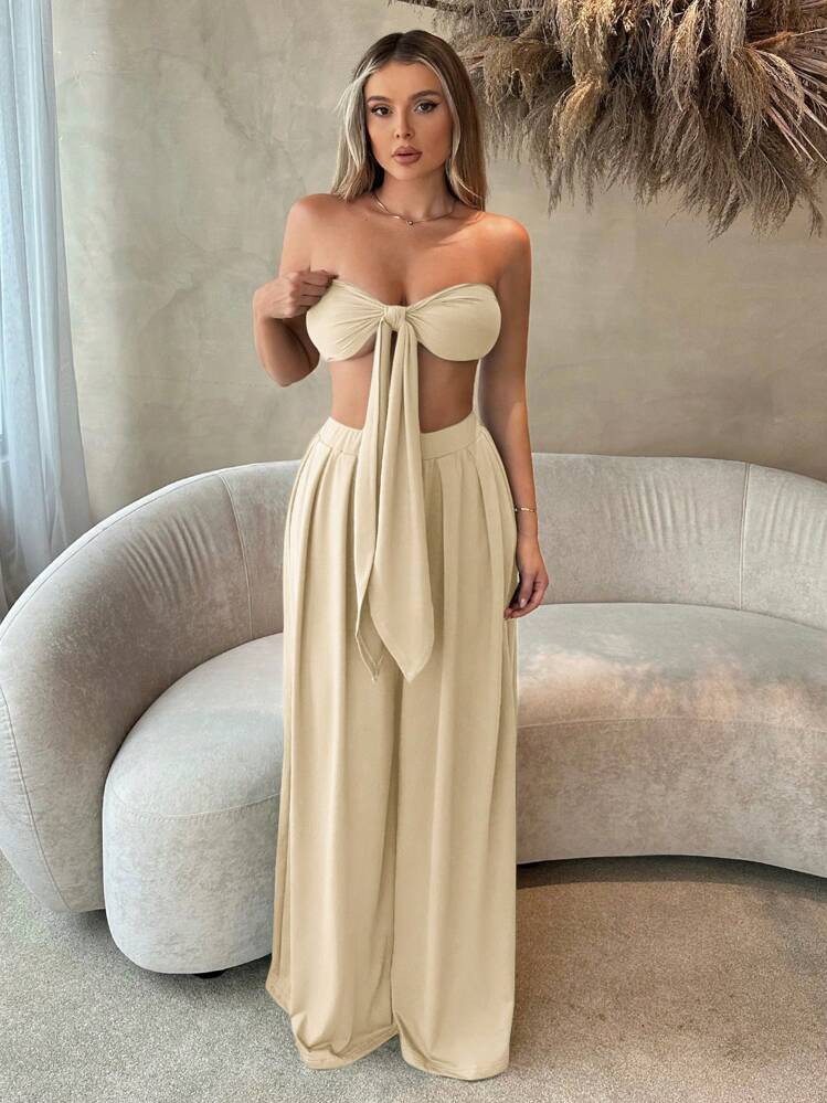 SHEIN SXY Beach;Women'S Front Knot Strapless Top And Pants Two Piece Set  Spring Summer Women Clothes Bachelorette Party Spring Break Birthday Outfit Valentine Day Sexy Outfits | SHEIN