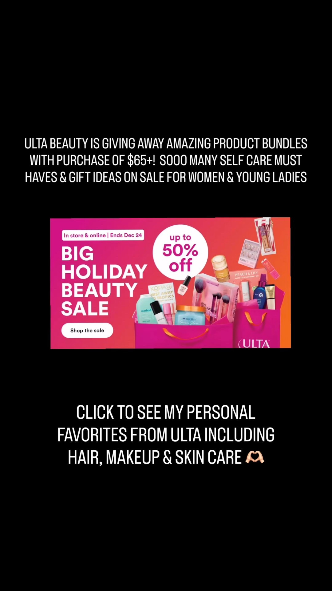 ULTA BEAUTY HOLIDAY SALE HAS BEGUN! 🔗 Comment BEAUTY for link!🔗 
I’ve put together a list of my favorite products, including hair care and styling tools, makeup, skin, care, self-care, beauty products for girls, nails and more. Plus, you can choose from three amazing product bundles with your purchase of $65 or more. I’m actually a big fan of Ulta‘s very own makeup line and it’s my go to for lipstick, blush, eyeliner, highlighter and eyeshadow. It’s affordable with cleaner ingredients. Ulta also carries my favorite morning and nighttime beauty routine, Clinique products. As a mom over 40, it’s important for me to take care of my skin and prevent wrinkles. Check out my list of my favorite products. There are so many gift ideas for women, girls and teens! You will also find appropriate items for men and boys, including hair care, bath, skincare and shower products. I highly recommend the Shark FlexStyle styling tool and air hairdryer all-in-one with multiple styling attachments for long and short hair, curly hair, thin hair and coarse hair. It’s a little loud, but other than that, it’s well worth it compared to the competition’s higher price. And right now it’s on sale. It makes a great gift as well. I also recommend the Babyliss Pro ceramic curling irons for seamless curls that last without burning your hair. Everything is linked here!


#LTKselfcare #LTKGiftGuide #LTKSaleAlert