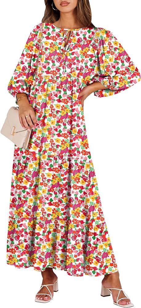 ANRABESS Womens Boho Maxi Dresses 2024 Summer V Neck Puff Sleeve Floral Flowy Swing Casual Long D... | Amazon (US)