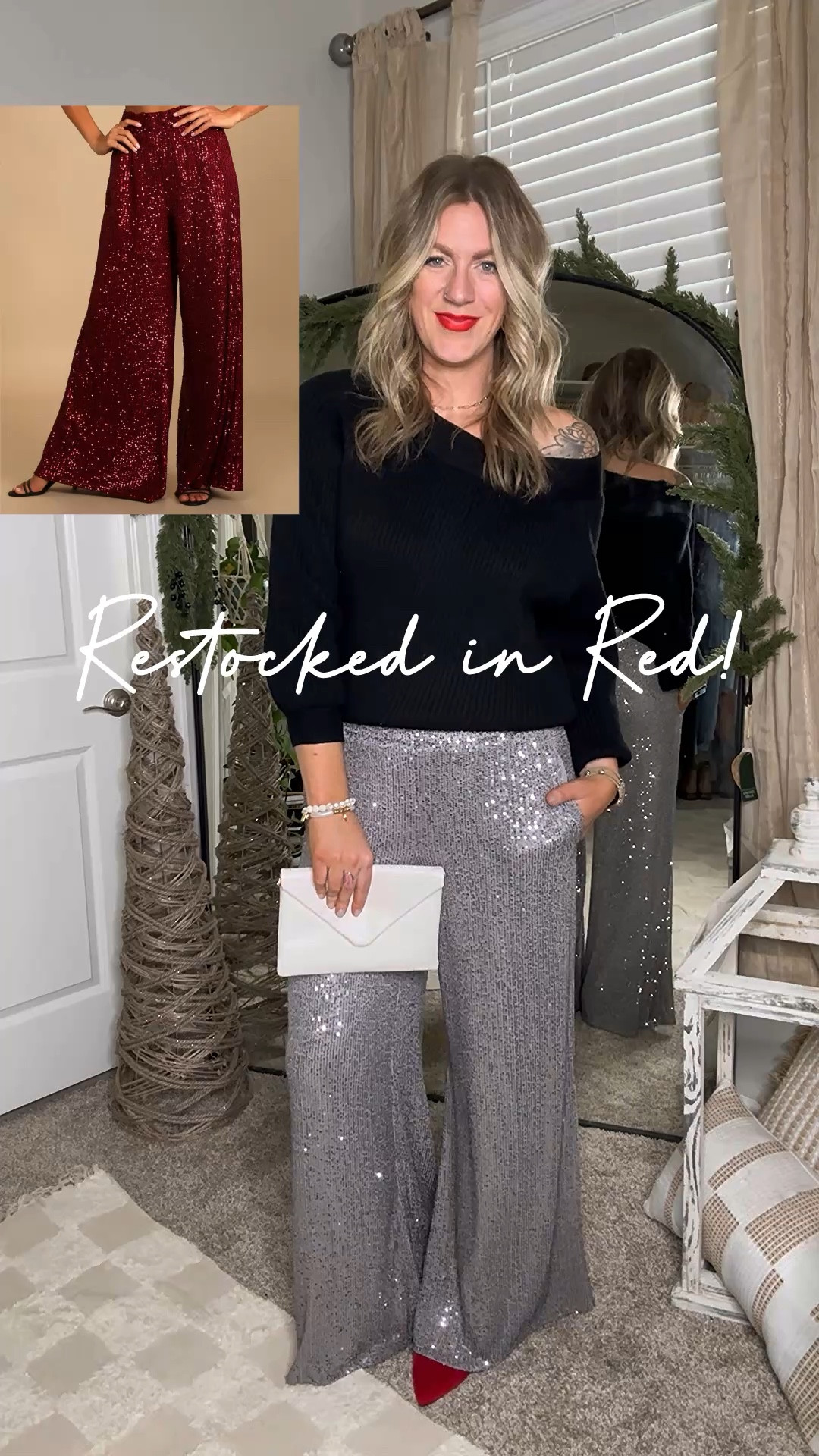 Sequin pants back I stock in red and on sale!!! (I wanted this color last year) wearing a medium, also has a matching top 
25% off with code: TREAT

#LTKParties #LTKHoliday #LTKMidsize