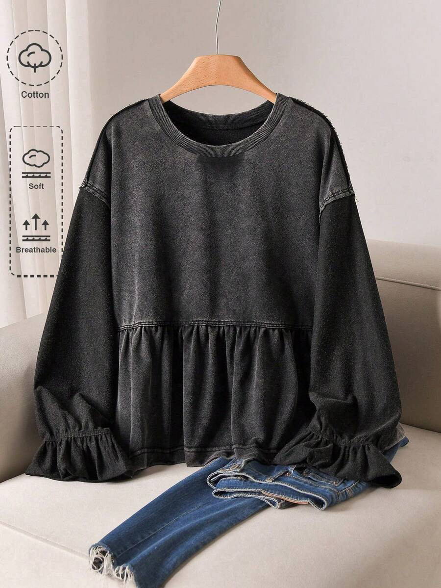 CosyJoli Plus Size Women Crew Neck Long Sleeve Ruffle Hem Washed Sweatshirt, Casual Commuter Fash... | SHEIN