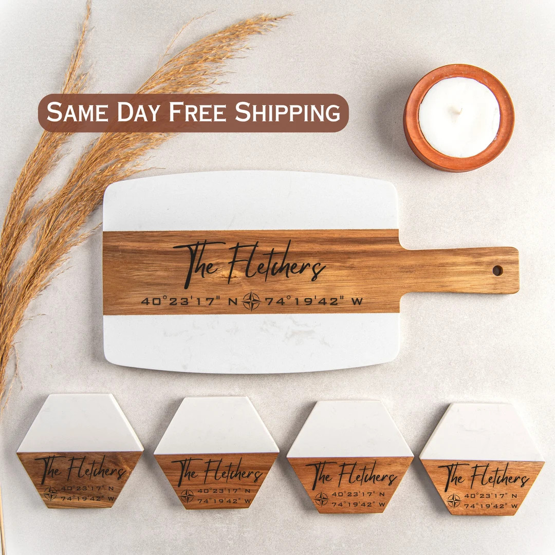 Marble Acacia Cheese Board With GPS Coordinates, New Home, Housewarming, Realtor, Real Estate Clo... | Etsy (US)