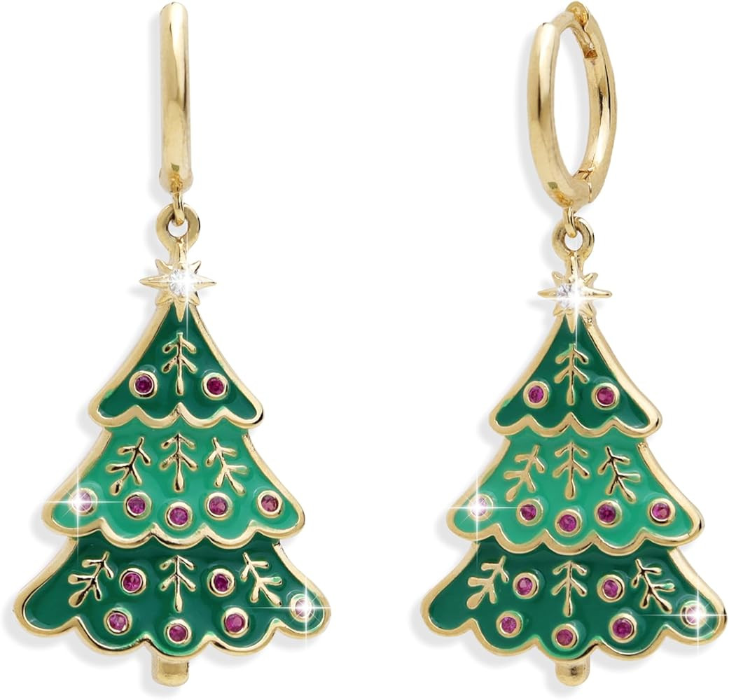 Jean Beau Gold Christmas Tree Small Hoop Dangle Earrings for Women, Dainty Cute Star CZ Rhineston... | Amazon (US)