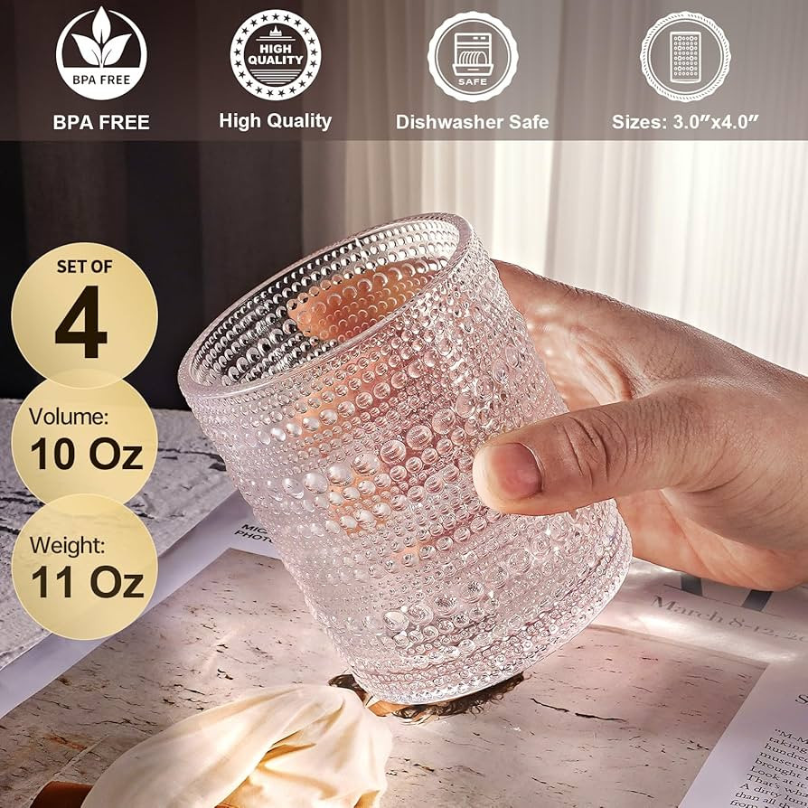 hobnail Drinking Glasses Old Fashion Glass 10oZ rocks glasses Set of 4 glasses Water Juice Cockta... | Amazon (US)